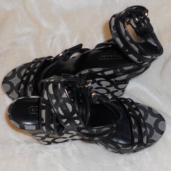 Coach Signature C's 7 1/2 B Maralee Black Platform Wedge Sandals - Picture 5 of 10